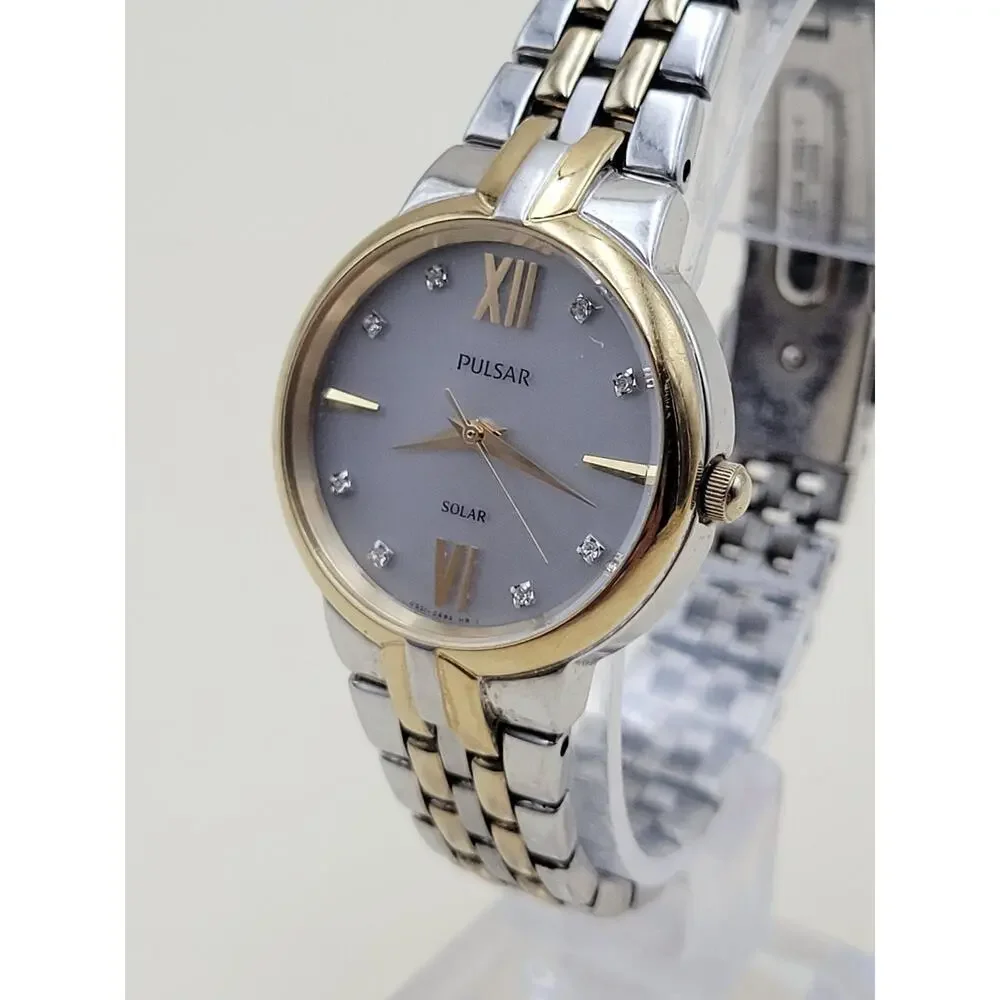 Pulsar Solar Womens Wristwatch Two Tone Silver Gold Stainless Steel AS01 672090